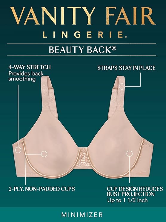 The Vanity Fair Women's Beauty Back Smoothing Minimizer Bra is designed to reduce bust projection while creating a smoother silhouette under clothing. It combines structured support with soft fabrics for all-day comfort and confidence.