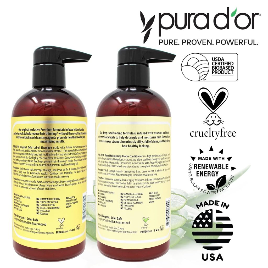 The PURA D'OR Anti-Thinning Biotin Shampoo & Conditioner Set is designed to gently cleanse the scalp while supporting fuller, healthier-looking hair. This botanical-rich formula focuses on scalp balance, hydration, and visible hair volume.