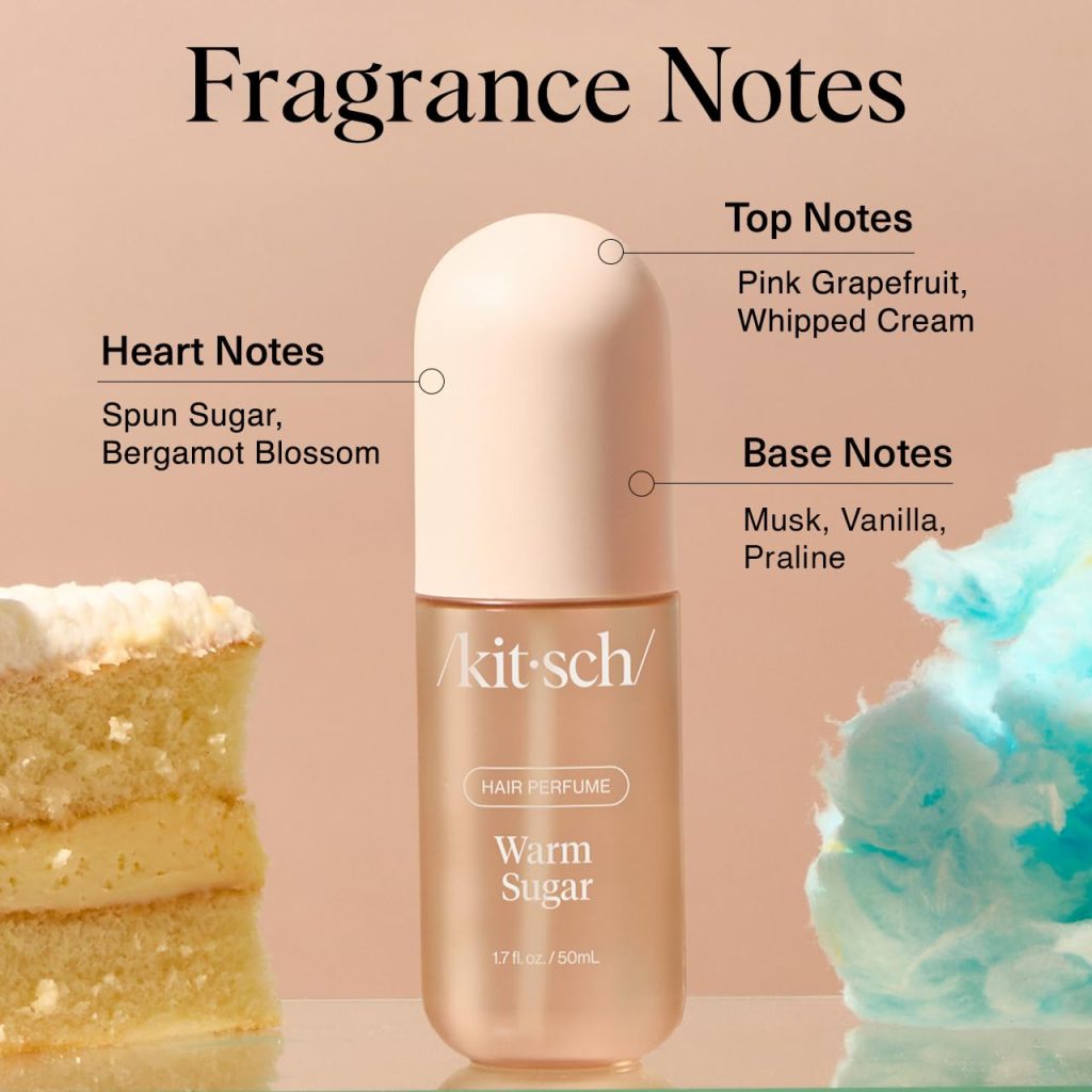 Kitsch Hair Perfume Warm Sugar is a lightweight hair fragrance designed to refresh strands between washes. With pink grapefruit and vanilla notes, it helps neutralize lingering odors while keeping hair smelling clean and feminine.