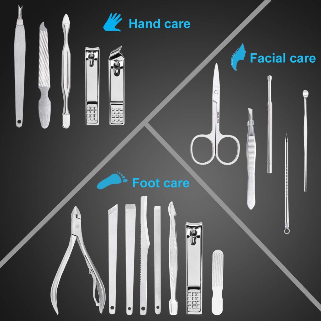 The 18-Piece Professional Manicure and Pedicure Kit is designed for complete nail care at home, offering precision tools for trimming, shaping, and maintaining healthy nails. It provides a hygienic and convenient grooming solution without frequent salon visits.