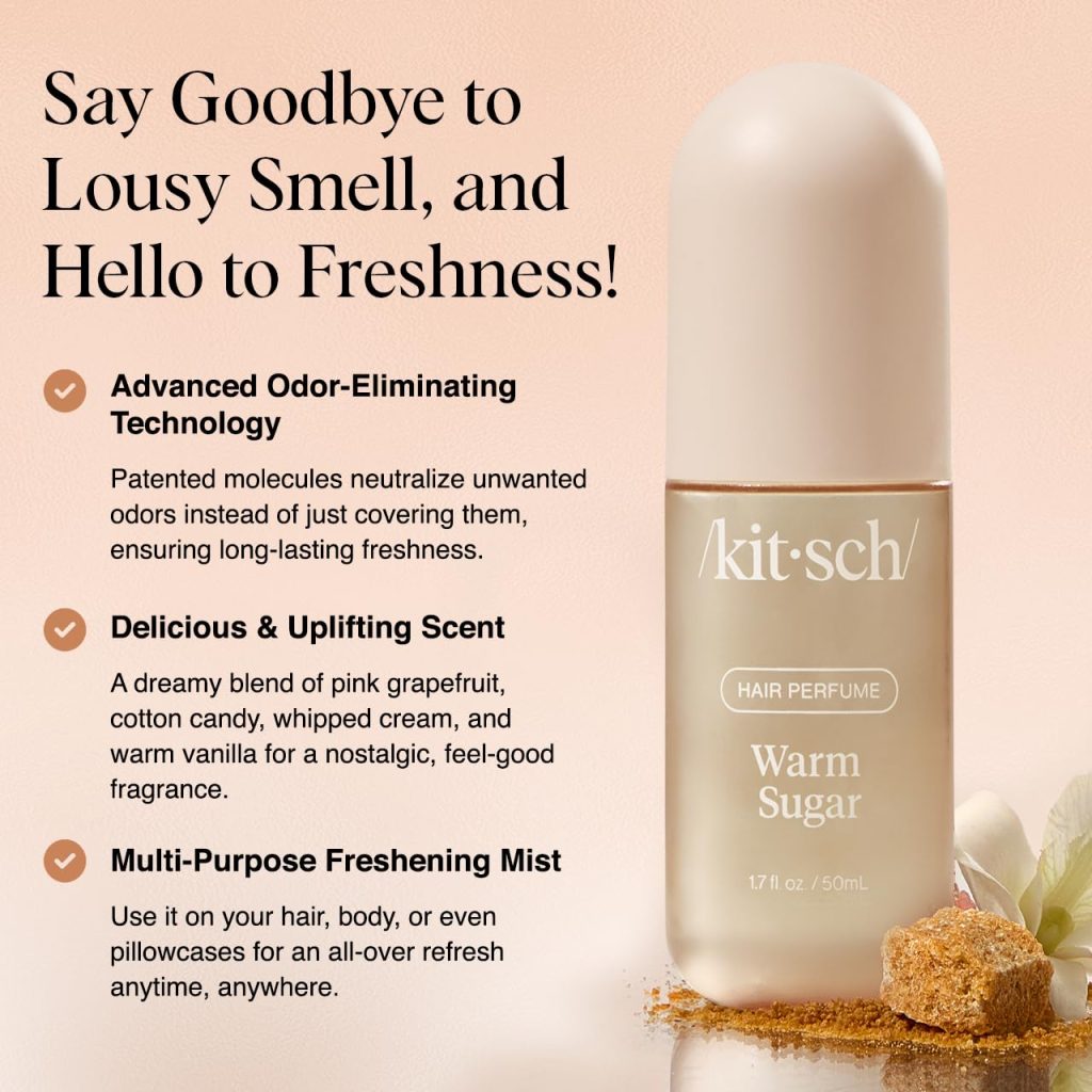 Kitsch Hair Perfume Warm Sugar is a lightweight hair fragrance designed to refresh strands between washes. With pink grapefruit and vanilla notes, it helps neutralize lingering odors while keeping hair smelling clean and feminine.