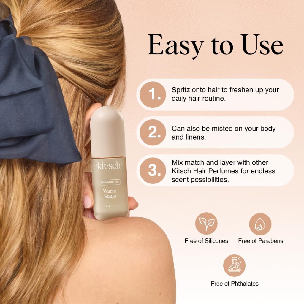 Kitsch Hair Perfume Warm Sugar is a lightweight hair fragrance designed to refresh strands between washes. With pink grapefruit and vanilla notes, it helps neutralize lingering odors while keeping hair smelling clean and feminine.