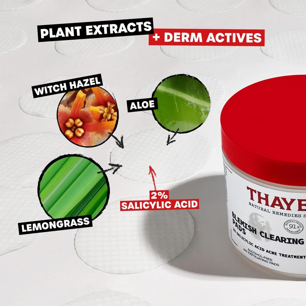 Thayers Blemish Clearing Acne Pads combine salicylic acid with soothing witch hazel to gently target breakouts. Ideal for sensitive skin, they cleanse without stripping or irritation.