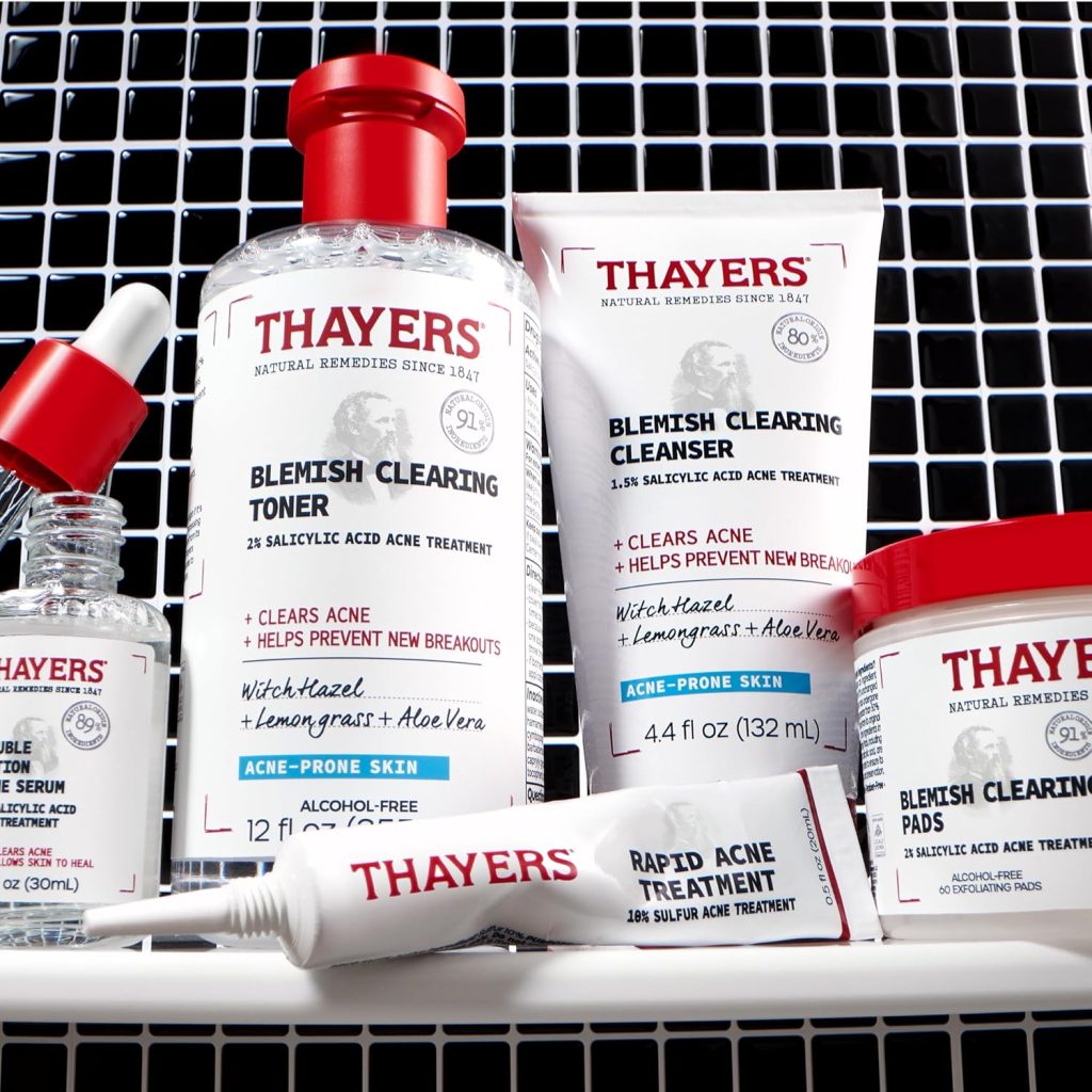 Thayers Blemish Clearing Acne Pads combine salicylic acid with soothing witch hazel to gently target breakouts. Ideal for sensitive skin, they cleanse without stripping or irritation.