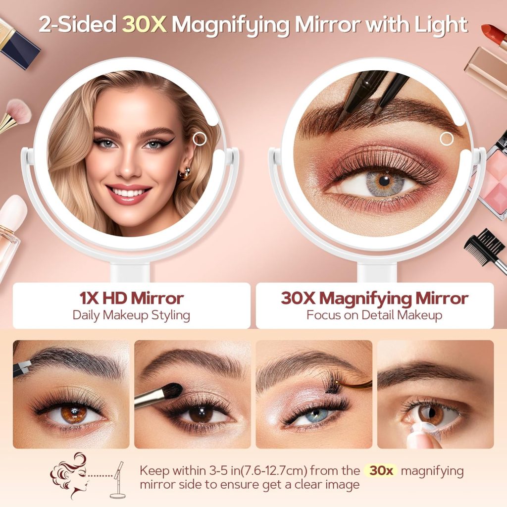 A powerful 30X magnification mirror with built-in lighting designed for ultra-precise grooming and makeup application. Ideal for women who want confidence in every detail.