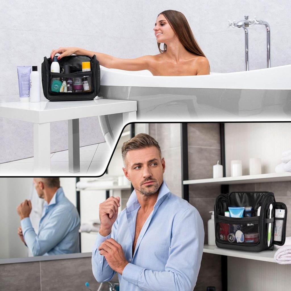 A waterproof hanging toiletry bag designed to keep skincare, cosmetics, and hygiene products organized, protected, and easy to access while traveling. Ideal for maintaining cleanliness and confidence wherever you go.