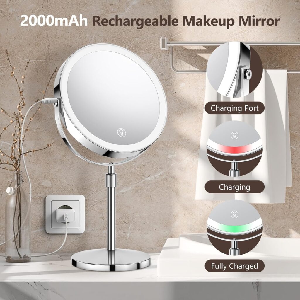 A rechargeable lighted makeup mirror designed to deliver clear, adjustable lighting for flawless makeup in any environment. Ideal for daily routines, travel, and low-light conditions.